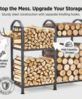 Heavy Duty 31 Inch Firewood Rack With Hooks 2-Tier Log Holder displaying large capacity storage with kindling hooks