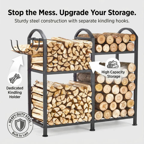 Heavy Duty 31 Inch Firewood Rack With Hooks 2-Tier Log Holder displaying large capacity storage with kindling hooks