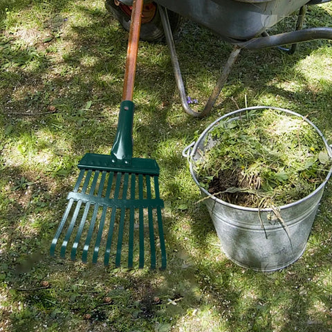 Heavy Duty 11-Tooth Carbon Steel Rake Head 10 Inch Wide Replacement With Pre Drilled Holes for lawn care next to a bucket of leaves