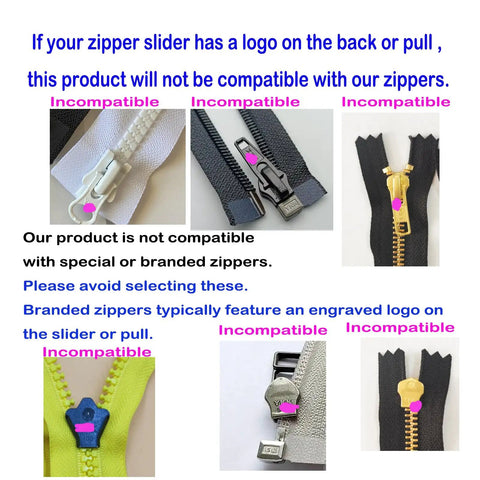 Diagram of incompatible zippers for Zipper Repair Kit Size Five Twelve Piece Set With Sliders Top Stops And Bottom Stops For Coats And Jackets No Fuss Easy Quick Fix For Metal Plastic And Nylon Zipper Teeth.