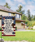 Patriotic Christian Garden Flag 12x18 Inch Double Sided Front Yard Decor With Bible Verse Where The Spirit Of The Lord Is There Is Freedom Jesus Faith God Family Country Quote For Outdoor Lawn Display in front of a house