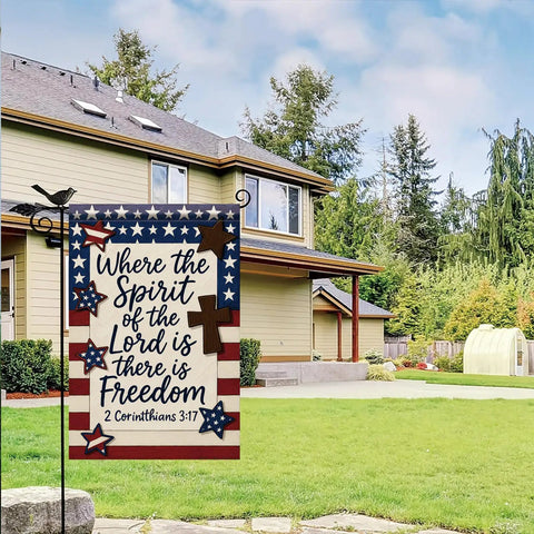 Patriotic Christian Garden Flag 12x18 Inch Double Sided Front Yard Decor With Bible Verse Where The Spirit Of The Lord Is There Is Freedom Jesus Faith God Family Country Quote For Outdoor Lawn Display in front of a house