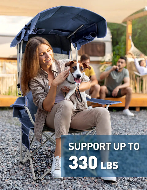 Woman sitting on Beach Chair With Canopy Shade Foldable Camping Chair With Cup Holder And Side Pocket For Beach And Camp Tailgating