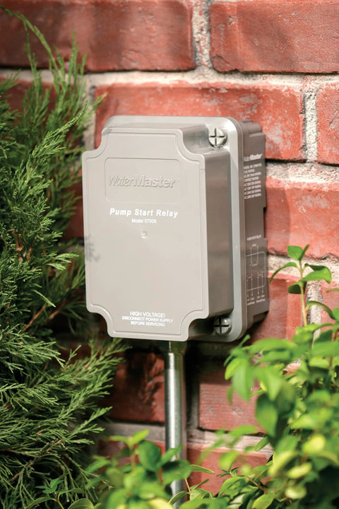 2 HP Irrigation Pump Start Relay for Sprinkler Controllers, ABS Enclosure, installed on brick wall, outdoors