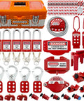 A Complete Lockout Tagout Kit For Electrical Panels With Clamp On Circuit Breaker Locks That Supports Group Lockout Hasps And Tags OSHA Compliant Includes Universal Multi Pole Breaker Lockout For Station Use In Bright Orange Box.