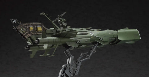 Side view of the Space Pirate Arcadia 1:1500 Scale Plastic Model Kit, showcasing detailed design and mounted stand.
