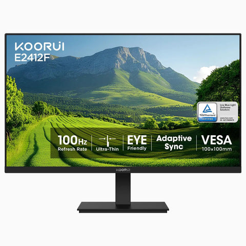 Front view of 24 Inch Full HD Monitor with 100Hz VA panel, 4000:1 contrast, 1920x1080 resolution, HDMI and VGA inputs, Black E2412F.