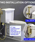 Handheld Bidet Sprayer For Toilet In SUS304 Stainless Steel Brushed Gold Kit With 47 Inch Hose Brass Seven Eighth Inch T Valve; wall and toilet tank mount options shown.