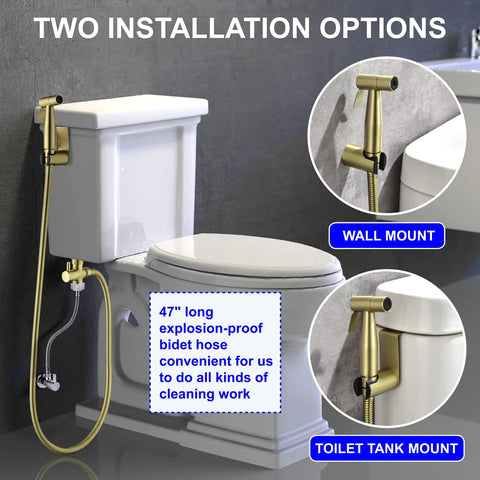 Handheld Bidet Sprayer For Toilet In SUS304 Stainless Steel Brushed Gold Kit With 47 Inch Hose Brass Seven Eighth Inch T Valve; wall and toilet tank mount options shown.