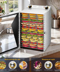 Heavy Duty Commercial Food Dehydrator Featuring 18 Slick Stainless Steel Trays Plus Adjustable 24 Hour Timer loaded with colorful dried fruits.