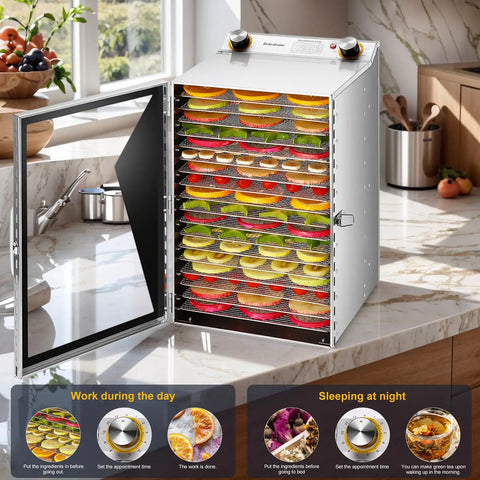 Heavy Duty Commercial Food Dehydrator Featuring 18 Slick Stainless Steel Trays Plus Adjustable 24 Hour Timer loaded with colorful dried fruits.