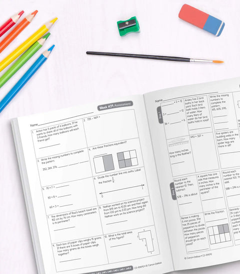Common Core Math 4 Today 3rd Grade Workbook For Daily Practice In Class Or Homeschool open on desk with pencils, brush, eraser, sharpener.