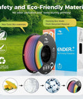 Rainbow PLA Plus 1.75mm 3D Printer Filament Multicolor spool with eco-friendly packaging in outdoor setting