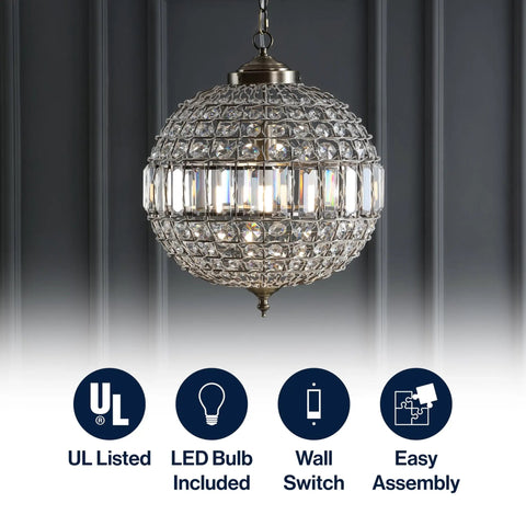 Antique Brass Crystal LED Pendant Light With Clear Glam Globe Shade, Totally Glam Modern Hanging Ceiling Lamp For Kitchen And Dining Room, 16 Inch Chandelier For Entryway, Energy Saving Bulbs Included