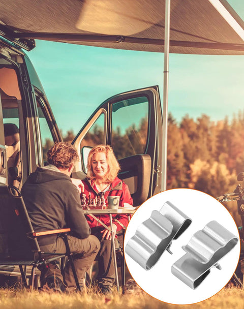 Premium Built Tough 100 Piece 304 Stainless Steel Solar Panel Clips With Rock Solid No Slip Grip Heavy Duty Trailer Wire Clamps shown outdoors with campers.