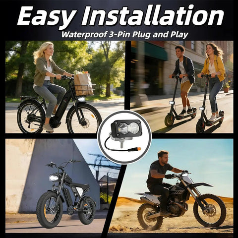 Collage of ebike, scooters, and motorbikes promoting Ride Ready 20W LED Ebike Headlight With 6000K To 6500K White High Beam Waterproof 3 Pin