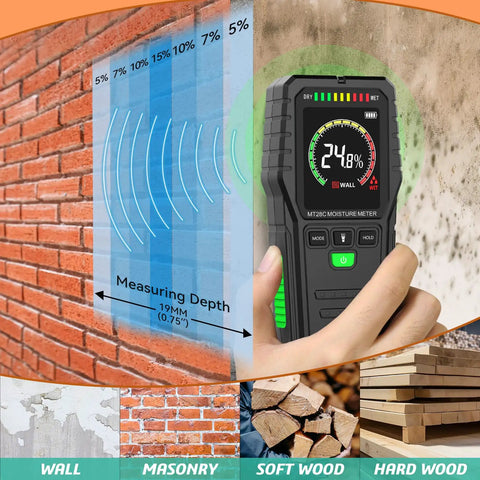 Pinless Moisture Meter For Wood And Walls With Four Modes Softwood Hardwood Wall Masonry Noninvasive Moisture Detection Delivers Fast Accurate Readings For DIYers Builders Home Inspectors And Renovation Projects, 19mm depth on wall