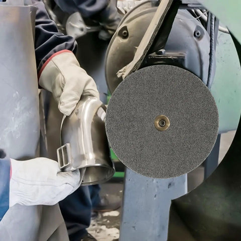Worker using 6 Inch Nylon Fiber Polishing Wheel with 180 Grit Deburring and Grinding Disc on metal surface, high temp resistant