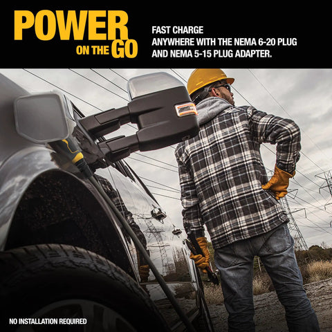 Man charging vehicle using On The Go Portable EV Charger For Tesla Level 1 And 2, 12 To 16 Amp, Outdoor NEMA 6 20 Plug.