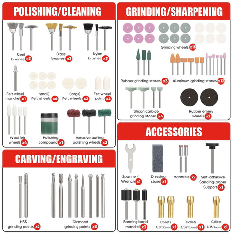 Rotary tool accessory kit, 618 pieces in red case; includes polishing, sanding, grinding bits for Dremel tools.