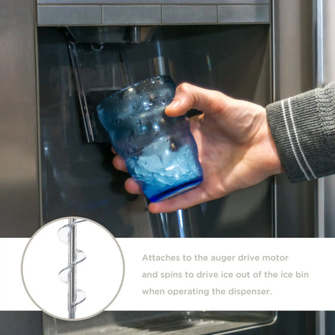 Refrigerator Dispenser Auger WR17X11939 Replacement Part dispensing ice into a glass from a refrigerator ice maker.