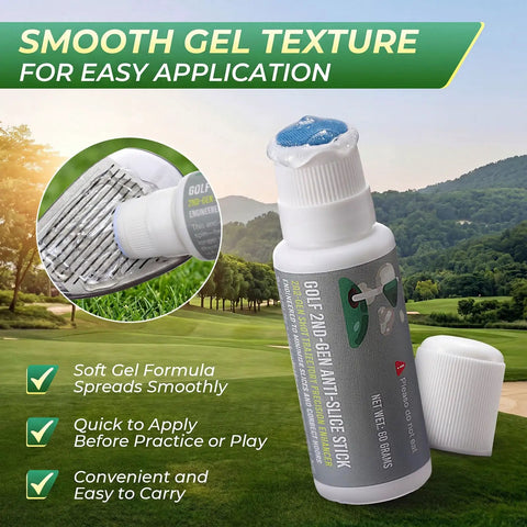 Two Pack Golf Anti Slice Gel Sticks 2.2 Oz bottle, cap off, showing smooth gel on club face for real-time swing feedback