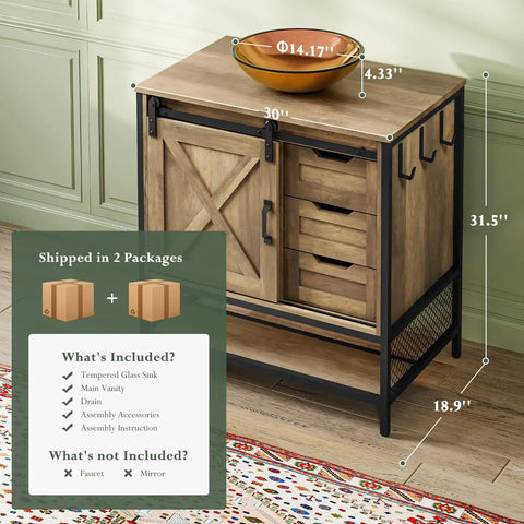 30 Inch Farmhouse Bathroom Vanity With Rustic Brown Wood Cabinet And Tempered Glass Vessel Sink Zero Stress Cleaning Rock Solid Frame Smooth Operator Design For Cozy Home Refresh