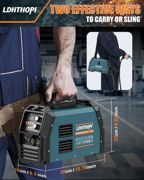 Man carrying Four In One MIG Welder For Home Shop And Yard Portable 110V Gas And Gasless Flux Core Solid Wire Lift TIG MMA