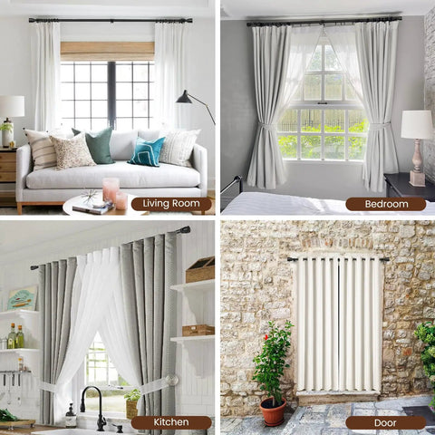 Heavy Duty Adjustable Curtain Rod Set 1 Inch Diameter Splicing Matte Black Extra Long 30 To 144 Inches Fits 30 To 142 Inch Windows Nine Piece Connectors Holds Up To 33 Pounds used in different rooms: living room, bedroom, kitchen, and door space.