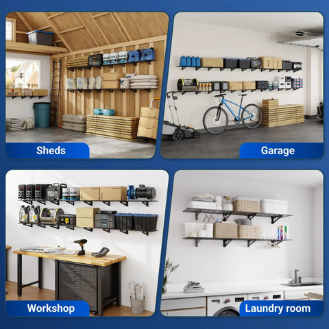 Four views of wall mounted storage solutions in sheds, garage, workshop, and laundry room with tools and supplies organized.