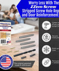 4 Pack Permanent Door Hinge Repair Kit For Stripped Screw Holes Fix Loose Hinges Fast Reinforce Door Jambs And Strike Plates Easy In Minutes Durable USA Made Solution That Holds Up Under Daily Use, shown with contents including screws and drills, emphasizing versatility and easy installation.