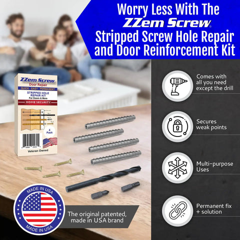 4 Pack Permanent Door Hinge Repair Kit For Stripped Screw Holes Fix Loose Hinges Fast Reinforce Door Jambs And Strike Plates Easy In Minutes Durable USA Made Solution That Holds Up Under Daily Use, shown with contents including screws and drills, emphasizing versatility and easy installation.