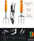 Close-up of 12 Piece Aluminum Garden Tool Set With Canvas Apron And Storage Pocket showing ergonomic garden tools and anti-rust features.