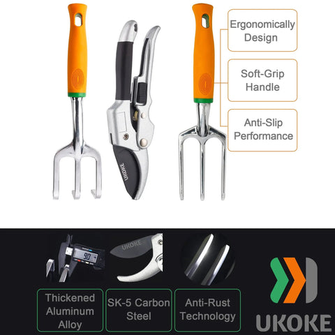 Close-up of 12 Piece Aluminum Garden Tool Set With Canvas Apron And Storage Pocket showing ergonomic garden tools and anti-rust features.