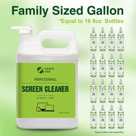 Green Oak Professional Screen Cleaner refill, 1 gal jug with green label; multiple spray bottles shown