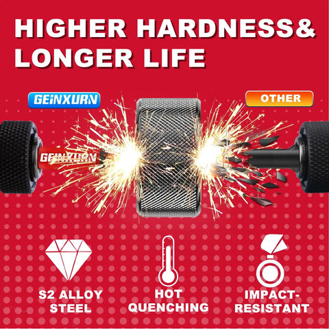 Sick 10 Pack S2 Steel Impact Driver Bit Set With 6 Inch Long Bits For Heavy Duty Drilling And Fastening Work, Comes In Handy Storage Tray With Phillips Torx Square And Hex Head Bits To Keep Your Garage Organized Today. S2 alloy steel impact bit shown with spark test and long life text