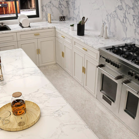 Modern kitchen with marble countertops and cabinets featuring 25 Pack Adjustable Cabinet Handles Gold Brass Drawer Pulls Center To Center Adjustable 1 To 4 Inches 25 To 102 mm Overall Length 4.41 Inches Top Notch Durable Brass Kitchen Cabinet Hardware For Cabinets And Drawers.
