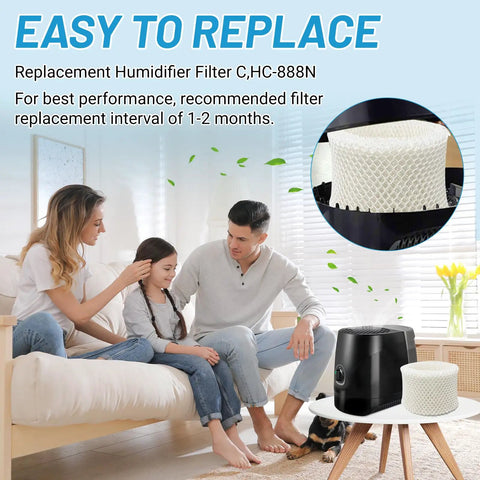 Family with humidifier and Six Pack Replacement HC888 Series Filter C For Honeywell HC888 HC888N HCM890 Duracraft DCM200 Humidifiers.