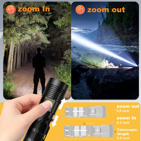 Rechargeable Tactical Flashlight With Long Range Beam Up To 1500 Meters USB Zoomable LED Spotlight Magnetic Base 5 Modes
