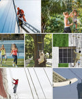 Collage showing the 13ft Balcony Fire Escape Ladder with Hooks and Carabiners in various emergency situations for home and treehouse use.