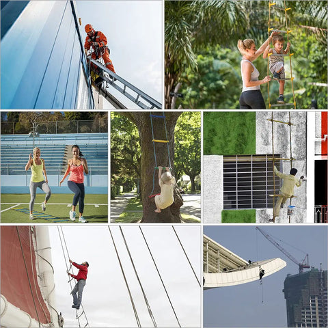 Collage showing the 13ft Balcony Fire Escape Ladder with Hooks and Carabiners in various emergency situations for home and treehouse use.