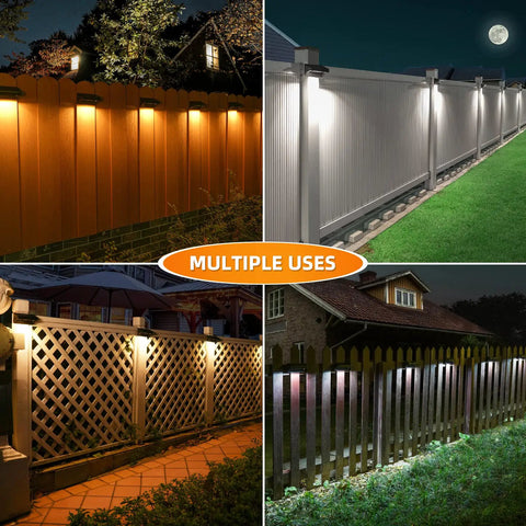 Plus Size 8 Pack Solar Fence Lights With 100 Lumen Output IP65 Waterproof Outdoor Lighting on various fence styles at night