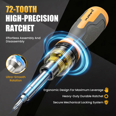 Professional 16 In 1 Ratcheting Multi Bit Screwdriver Set With Premium Hardened S2 Steel Bits features a 72-tooth ratchet for precise use.