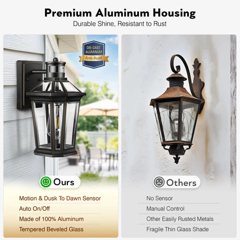 Comparison of black motion sensor outdoor wall lantern in premium aluminum housing vs rusted metal lantern