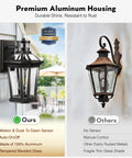 Comparison of Motion Sensor Outdoor Light Fixture 2 Pack Dusk To Dawn, Wall Mount Aluminum Coach Lanterns with competitor lantern.