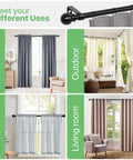 Adjustable Curtain Rod Set 28 To 48 Inch Five Eighth Inch Matte Black displayed in bedroom, outdoor, kitchen, and living room settings.