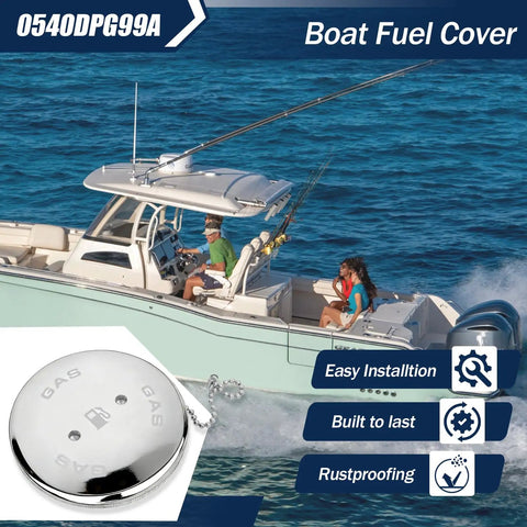 Boat Gas Cap Replacement for Deck Fill Systems 0540 0541 0556 0557 and 263 Marine Fuel Cap shown on boat exterior.