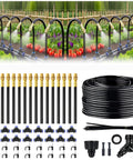 100Ft Drip Irrigation System With One Quarter Inch Hose And 360 Degree Adjustable Copper Nozzles Easy DIY Garden Watering Kit with components displayed.
