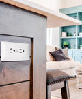 Masque 2000 Series 1 Gang Nonmetallic Decorator Style Duplex Cover Up Wall Plate White 5 Pack installed on dark wood island