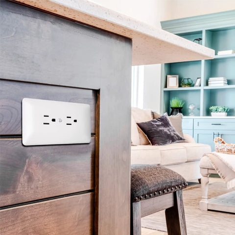 Masque 2000 Series 1 Gang Nonmetallic Decorator Style Duplex Cover Up Wall Plate White 5 Pack installed on dark wood island